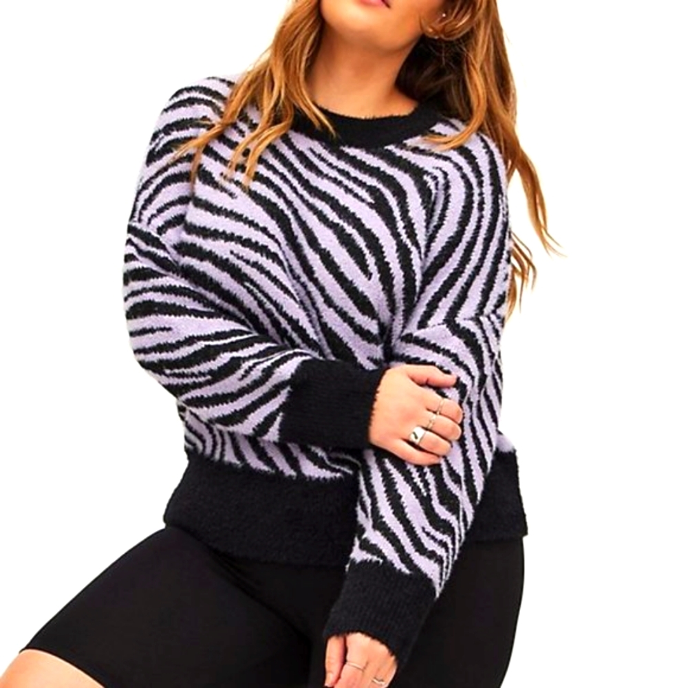 NWT TORRID LAVENDER BLACK ZEBRA EYELASH KNIT PULLOVER TUNIC SWEATER Plus Size 2X